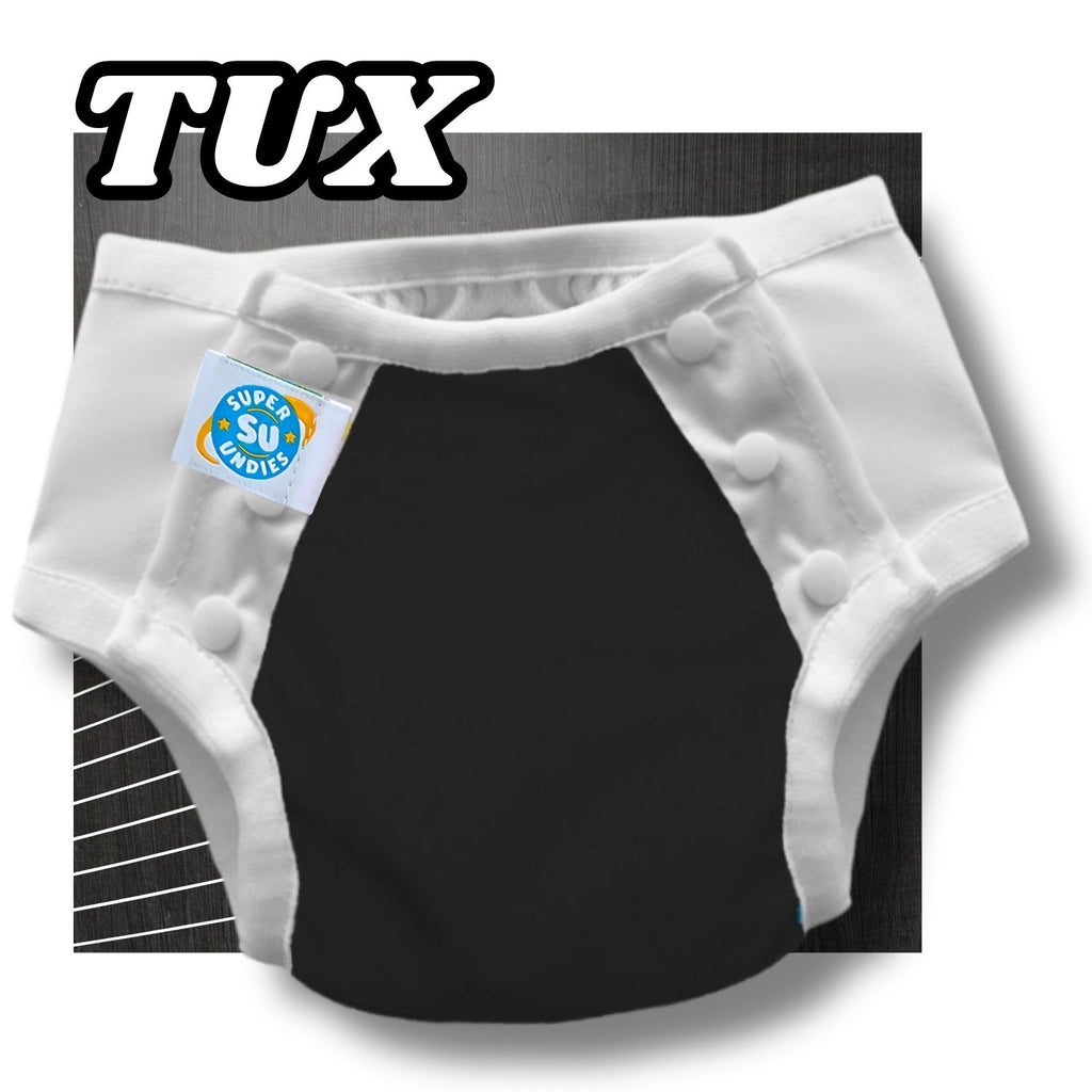 Black diaper with white cover and 'Super Undies' label on a dark background