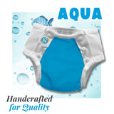 Blue big kid diaper with white waistband on a light blue background