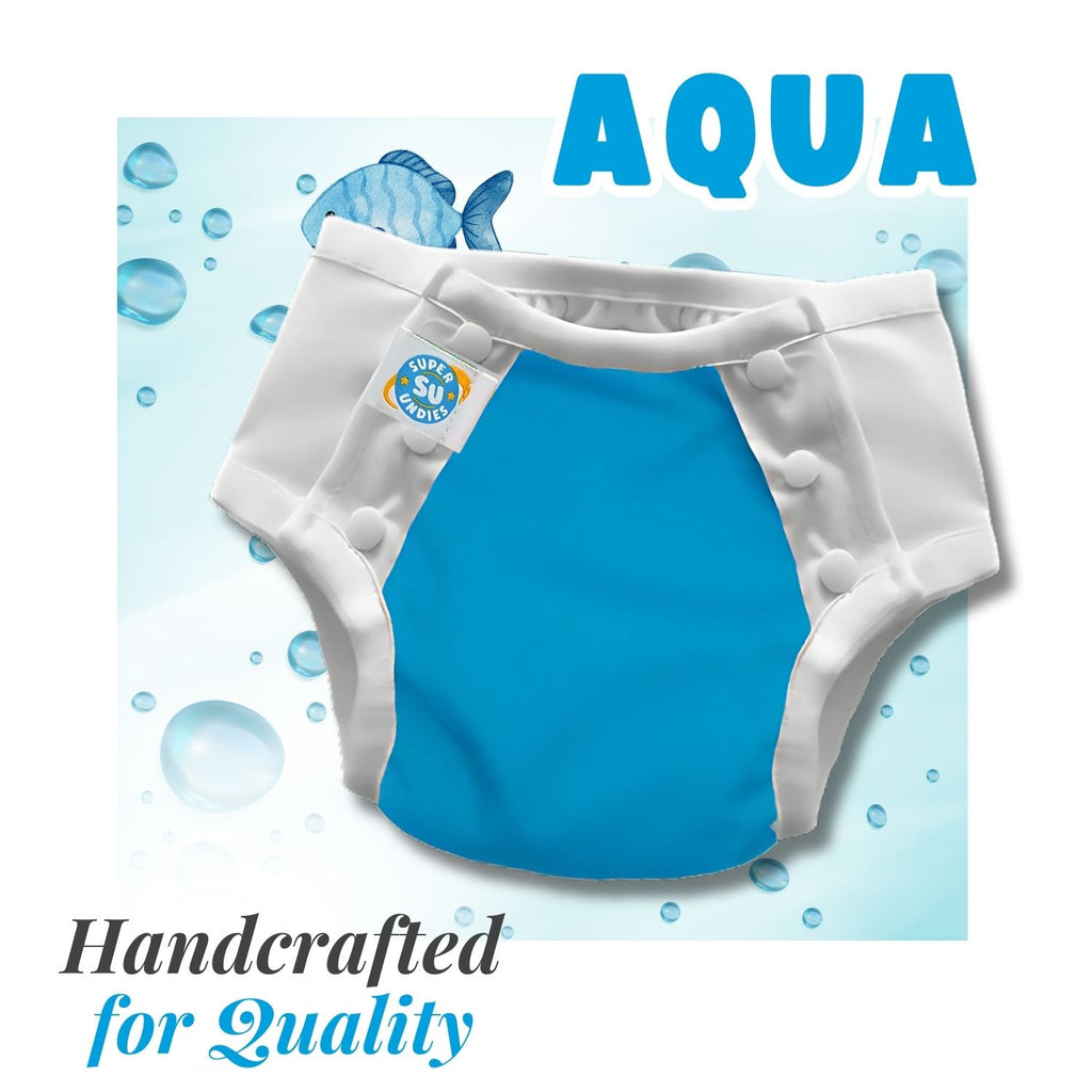 Blue big kid diaper with white waistband on a light blue background