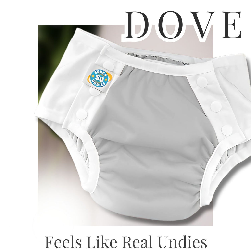 Gray big kid diapers from Super Undies on a white background