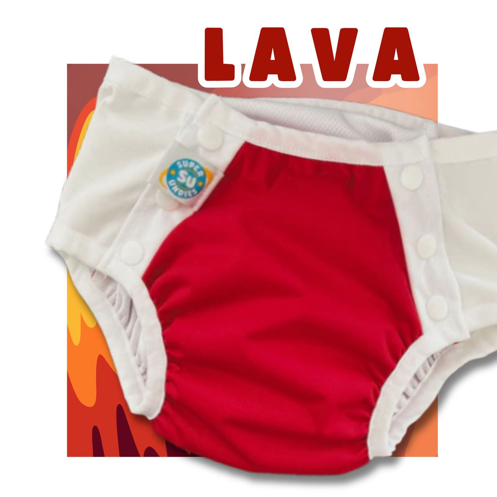 Red big kid daytime diaper with white trim on a colorful background,  from Super Undies 