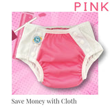 Pink big kid cloth diaper with white trim on a pink background from Super Undies 