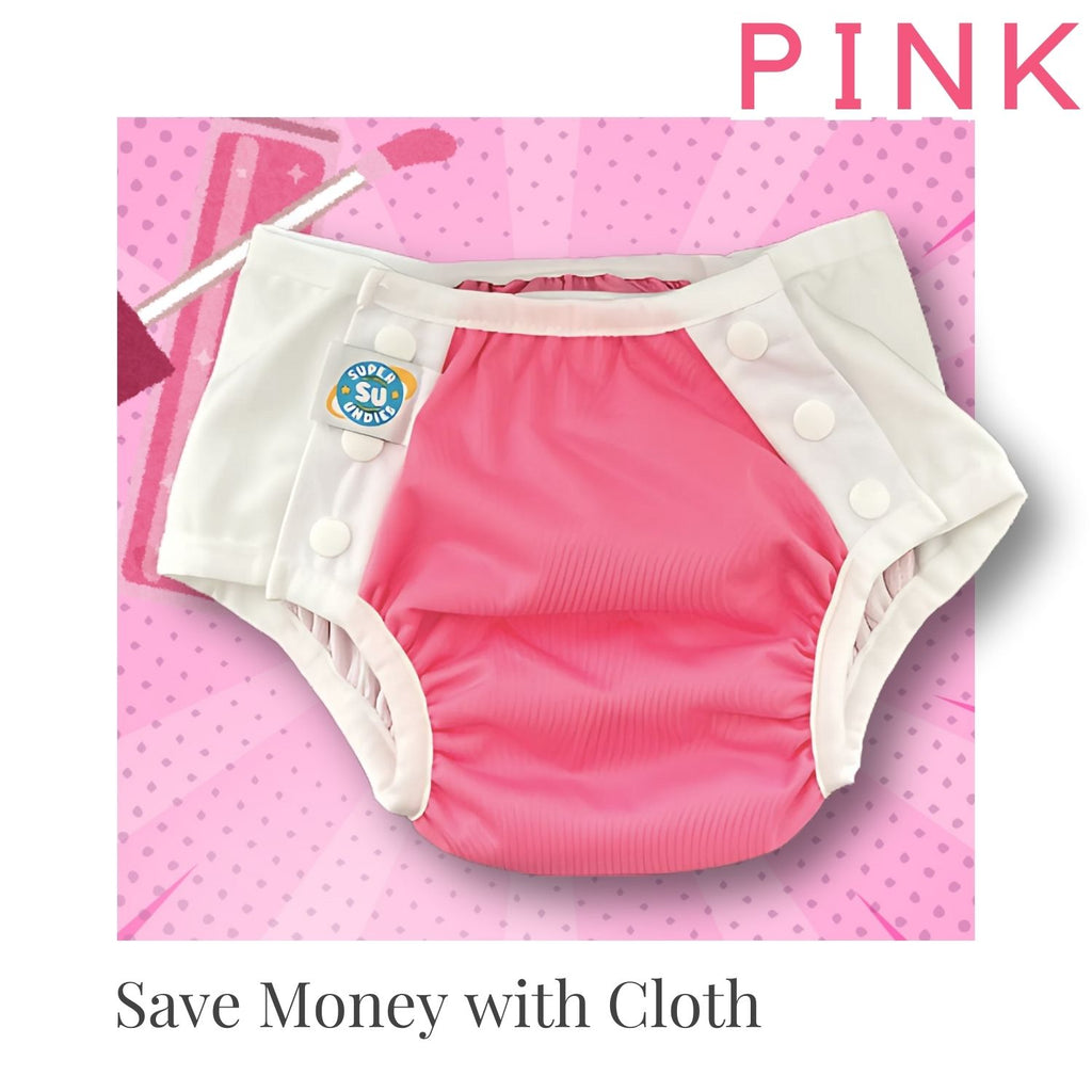 Pink big kid cloth diaper with white trim on a pink background from Super Undies 