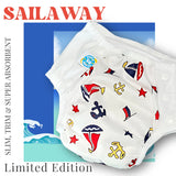 older kid daytime diaper with sailboat and anchor patterns on a blue and white background, from Super Undies