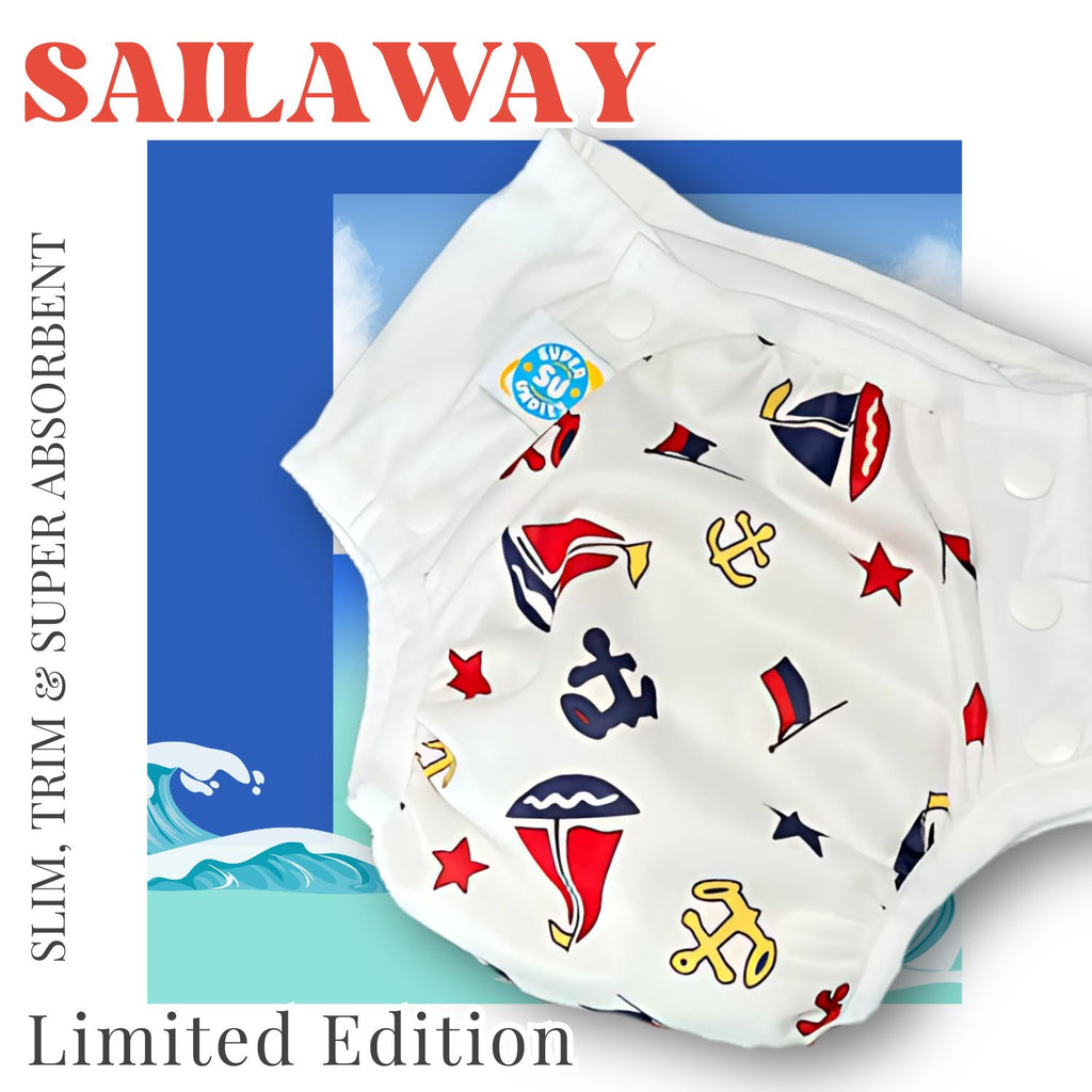 older kid daytime diaper with sailboat and anchor patterns on a blue and white background, from Super Undies